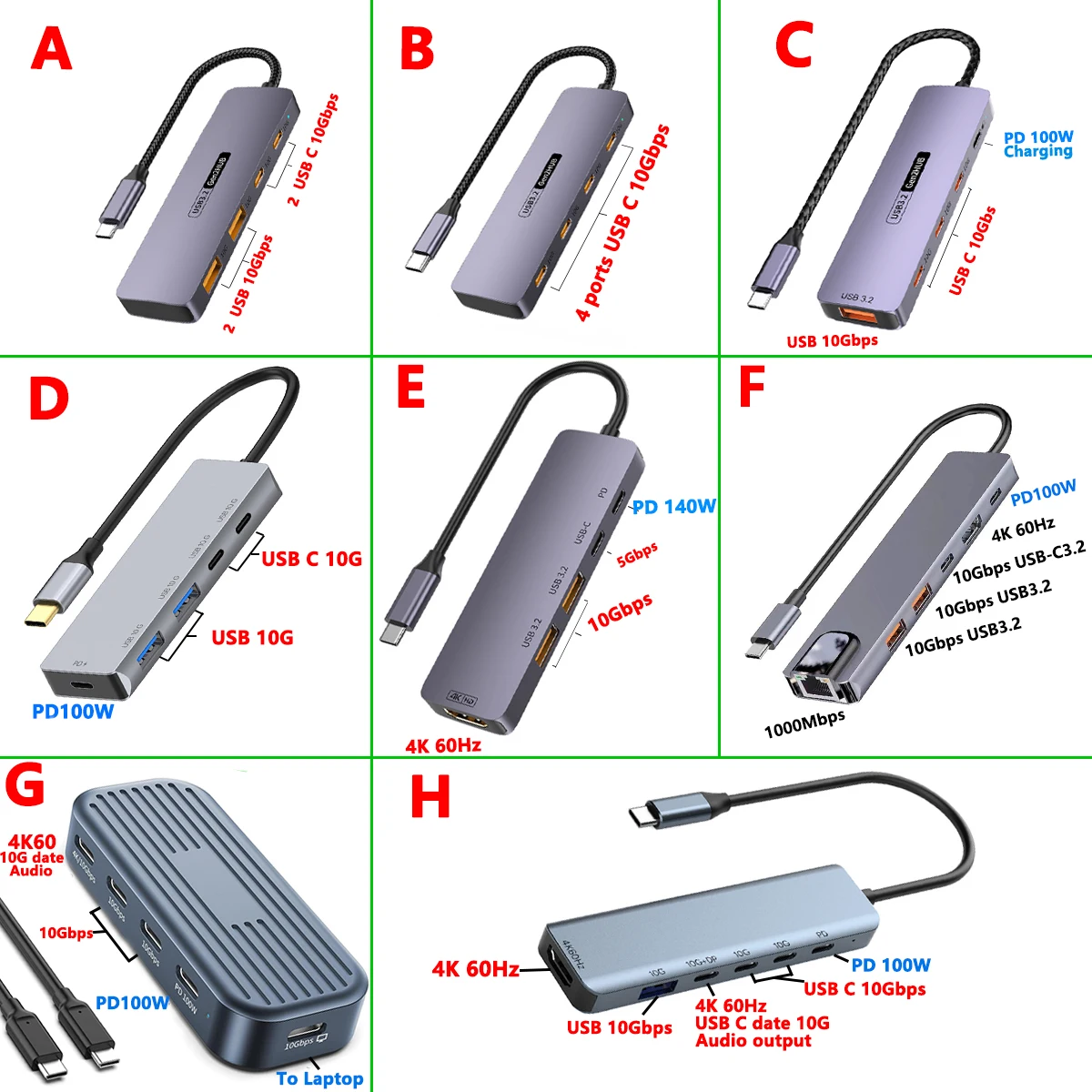 10Gbps USB3.2 Gen2 HUB USB C Splitter 3.2 Hub 10Gb High Speed do laptopa Macbook-Air MacBook Pro M4 M3 M2 Usb Extension Hub — zdjęcie produktu 2