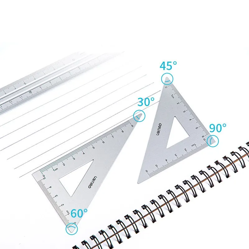 4 in 1 Deli Metal Ruler Stationery Set Aluminum Alloy Multifunctional Combination Ruler Triangle Protractor Alloy Drawing