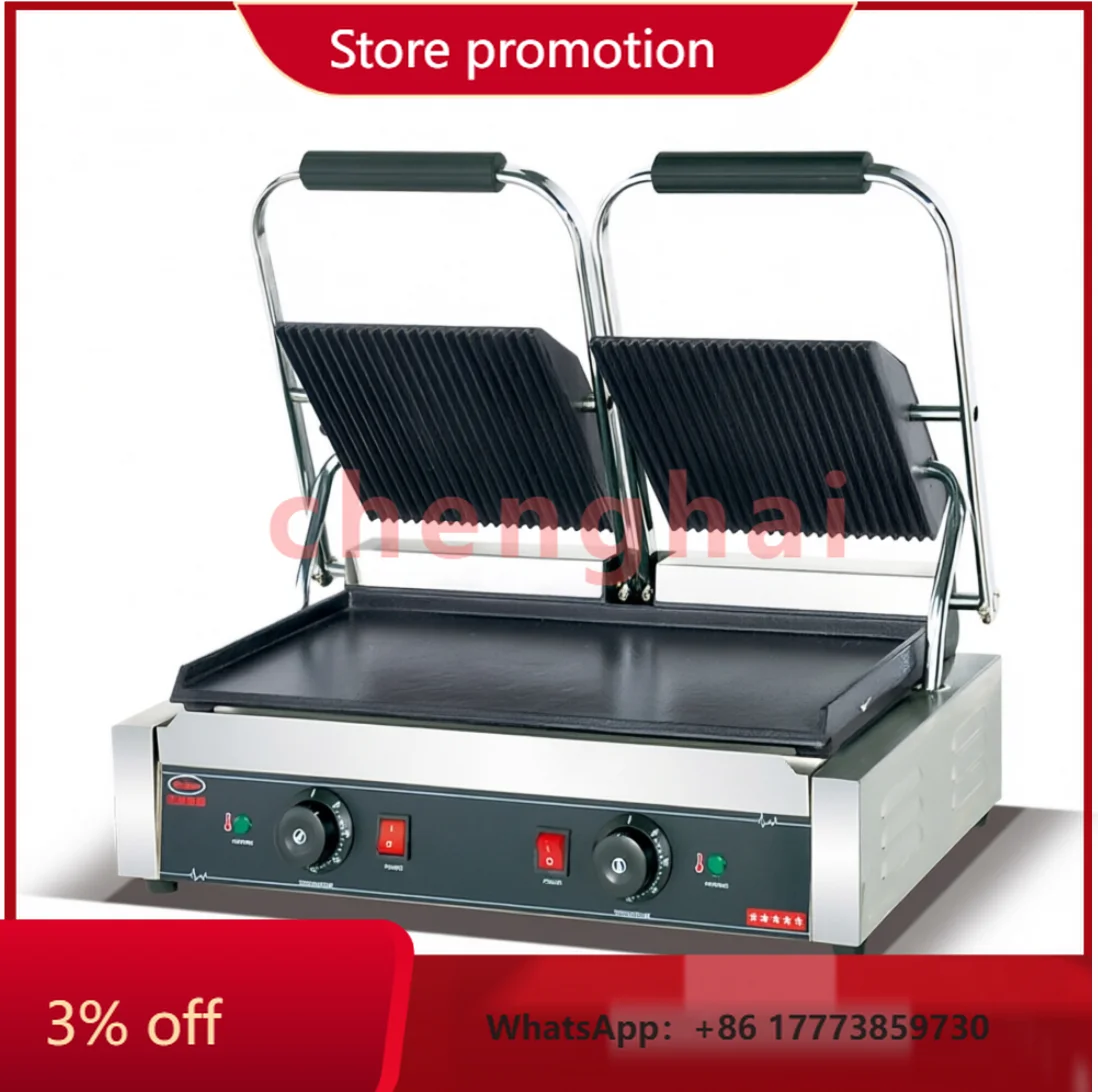 CHKJ for Commercial Kitchen Equipment Electric Double Plate Panini Grill (Top Grooved Bottom Flat) with Even Heat Distribution