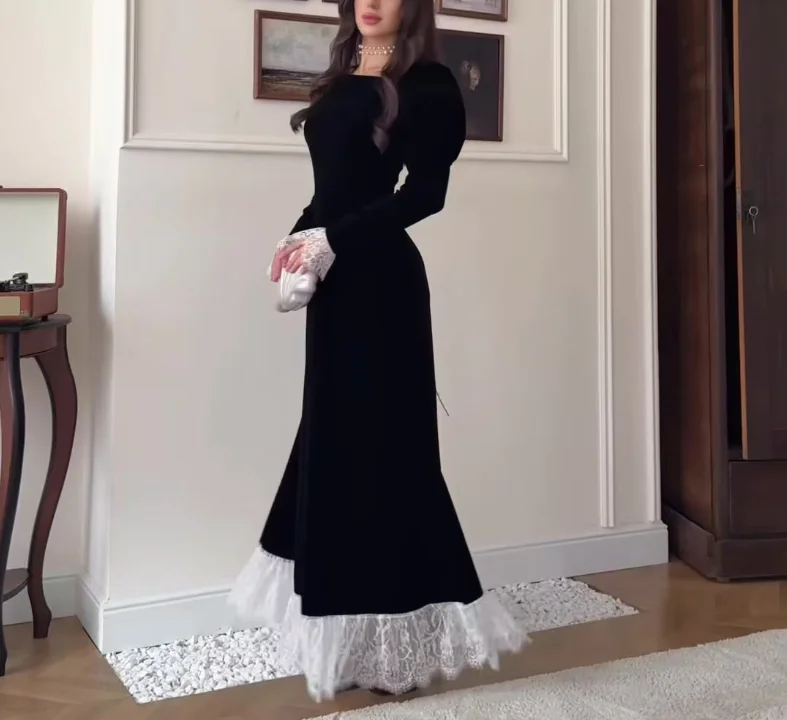 

Women Dress 2026 Spring Autumn New Square Collar Long Sleeve Velvet Patchwork Lace Cinched Waist Elegant Temperament Long Dress