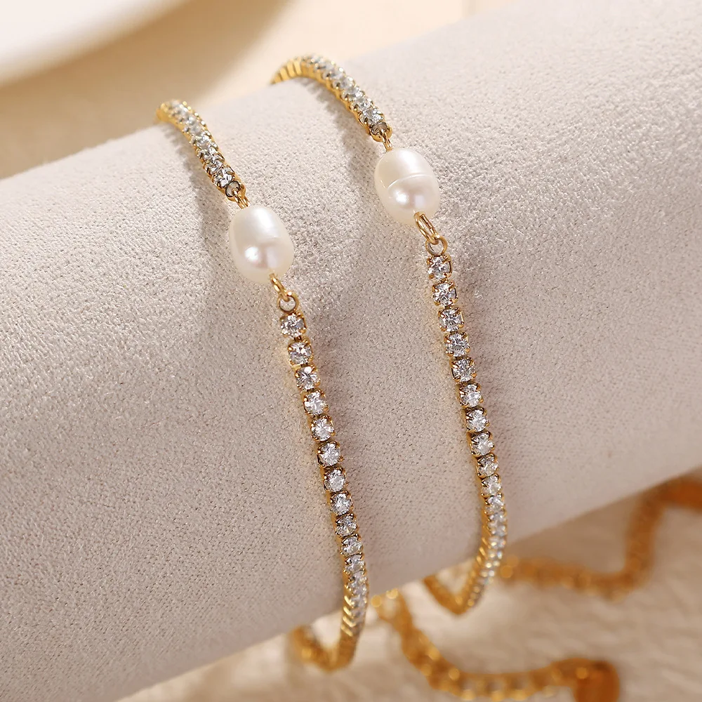 Keen-on Luxury Shiny Cubic Zirconia Freshwater Pearl Chain Necklace Bracelet Bangle Stainless Steel High Quality Premium Jewelry