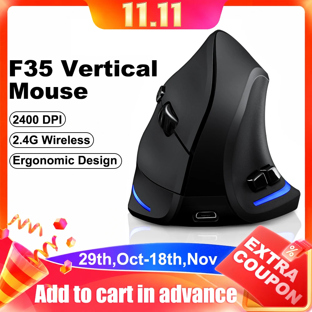 Lefon F35 Wireless Mouse Vertical Rechargeable Ergonomic Mouse 2400 DPI Optical Gaming Mice for Gamer Computer Laptop PC Mac IOS