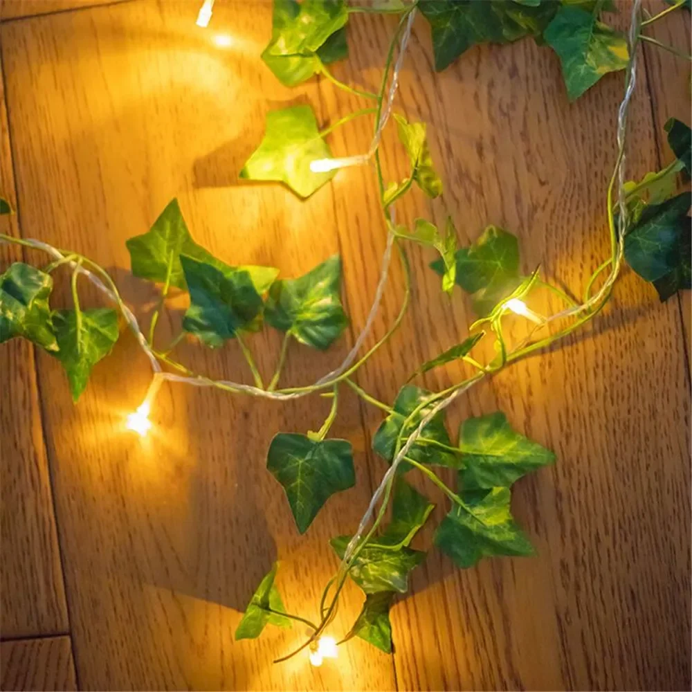 2M 20 LED Green Leaf Fake Plants String Light Battery Powered Waterproof Fairy String Light for Wall House Christmas Decorations