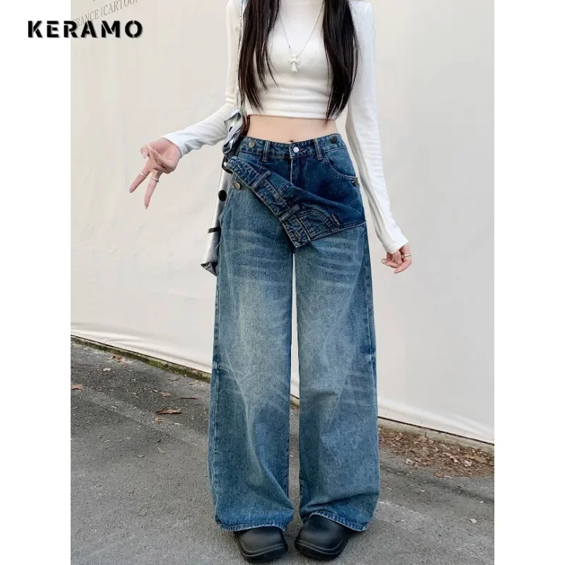 Celana panjang Denim wanita, celana Denim Harajuku kasual Retro pinggang tinggi longgar, celana tambal sulam biru 2024 Musim Panas 2000