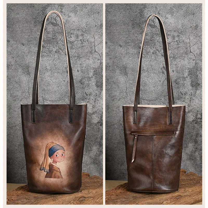 Motadora borsa da donna stampata a mano retrò per donna borse a secchiello in vera pelle borse a tracolla firmate di lusso da donna con manico lungo