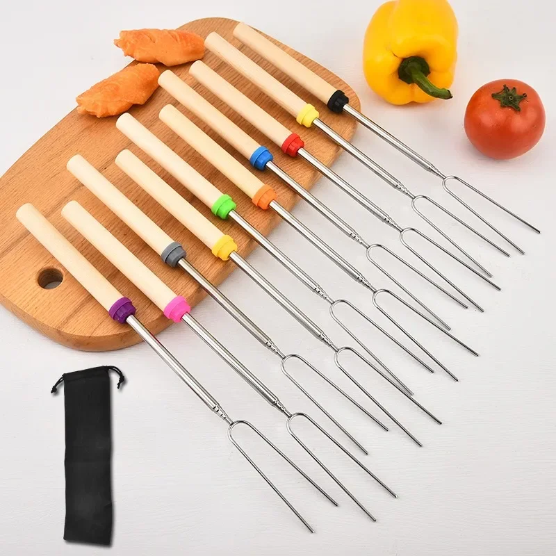 5 buah/Set garpu barbekyu Skewers pegangan kayu teleskopik luar ruangan pemanggang Stainless Steel Kemah tongkat BBQ Marshmallow dapat diperpanjang