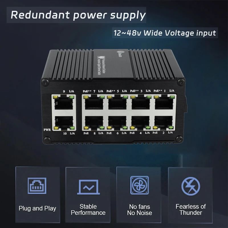 Commutateur industriel Gigabit Ethernet à 10 ports, fibre de réseau non gérée, 10RJ45 (PoE), 30W, 60W, 90W/ Din Rail