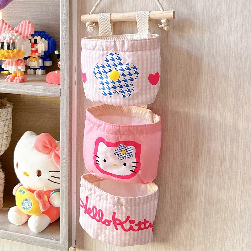 Hello Kitty Storage Hanging Bags Pink Sundries Sanrio Storage Bag The Fabric Hanging Wall Pouch Kawaii Girls Dormitory Organiser