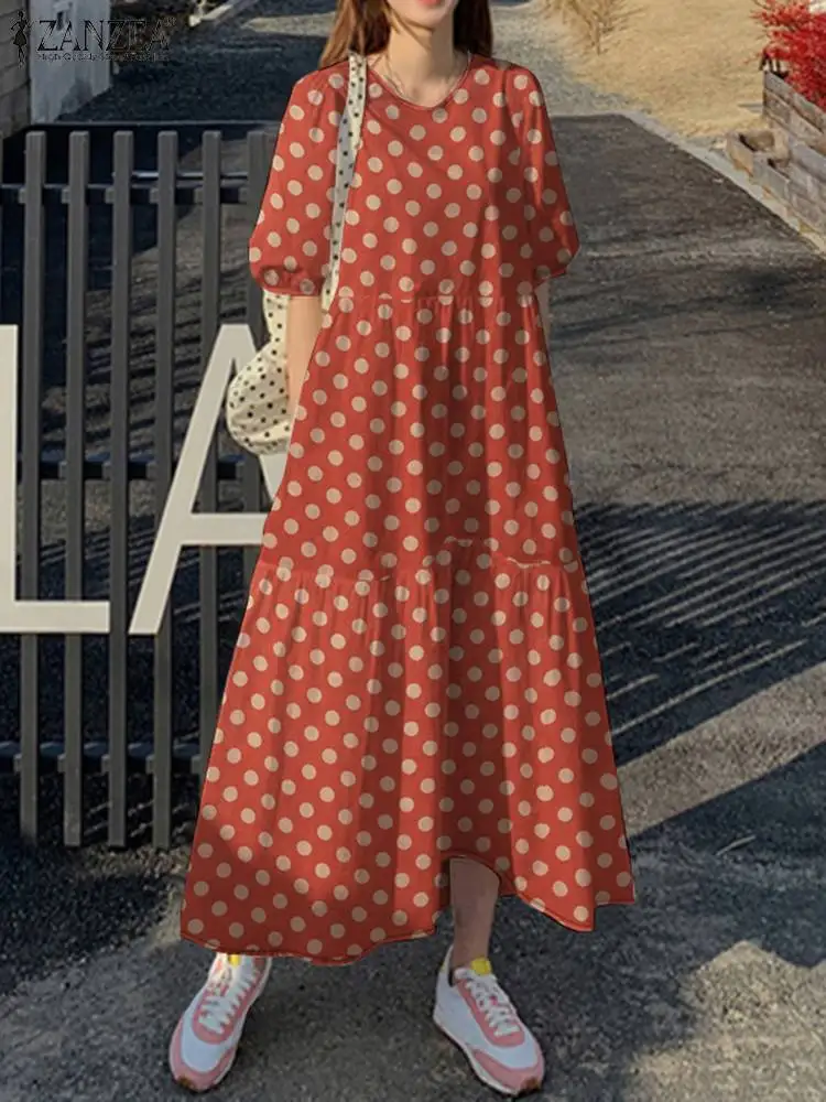 ZANZEA Summer Puff Sleeve A Line Loose Dress Vestidos Women Polka Dots Printed Sundress Fashion Elegant Casual Holiday Maxi Robe