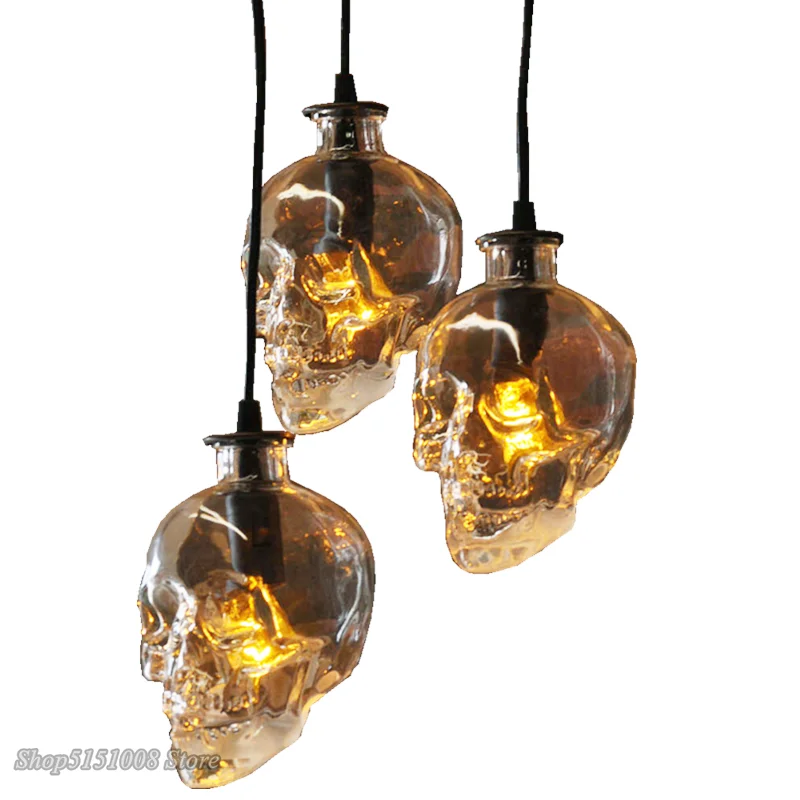 

Vintage Skull Pendant Lights Clear Glass Bottle Led Hanging Lamp for Home Decor Dining Room Industrial Luminaire Lights Fixture