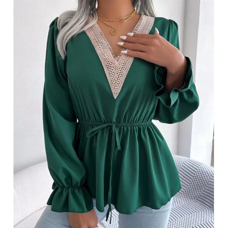 Solid Color Lace Patchwork Women's Blouse Trendy V-neck Lantern Sleeves Loose And Elegant Women's Shirt Autumn New Product 2024