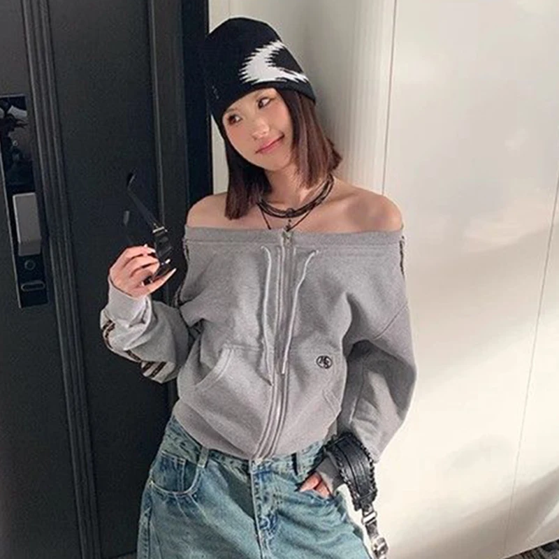 مثير قبالة الكتف الشارع الشهير البلوز المرأة البريدي الجانب شريط معطف أمريكي الخريف الجاز الرقص الهيب هوب عادية كسول