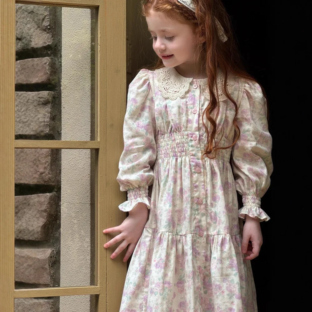 

Floral Lapel Dress 2025 Spring and Autumn Casual Fashion Temperament Vintage Long Sleeve Dress Kids Clothes