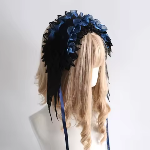 Ribbon Bow Hairband with Hairpins Brooch Girls Lolita Lace Ruffled Headband Sweet Star Embroidery Anime Maid Cosplay Headdress