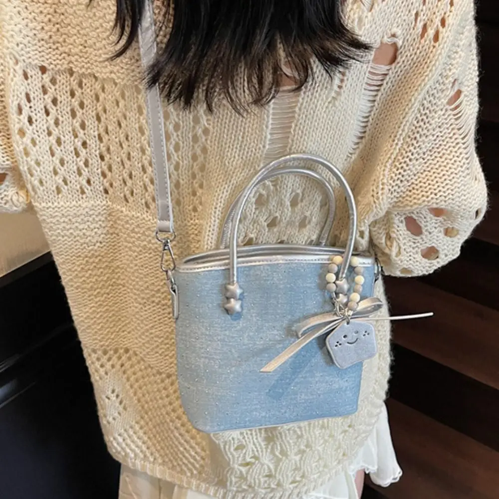 

Temperament Minimalist Denim Bucket Bag Rhinestone Elegant Korean Crossbody Bag Color-Block with Pendant Women 's Handbag Girls