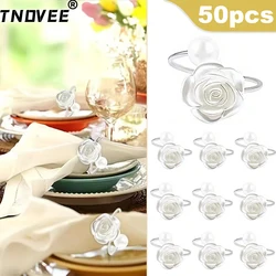 50Pcs Sliver Pearl Flower Napkin Rings Metal Rose Napkin Holder for Bride Shower Wedding Valentine's Day Party Dinner Table Deco