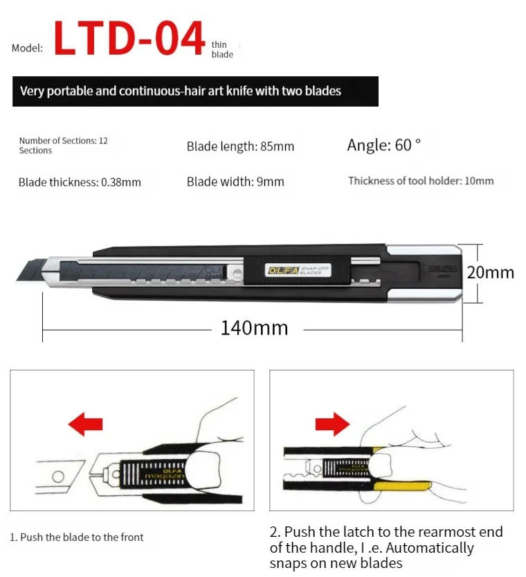 Original Olfa LTD-04 9mm knife, sharp cutting, Utility Knife Carbon Steel ,can hold 5 9mm blades, Retractable Box Cutter,Self-Locking Design Cutting