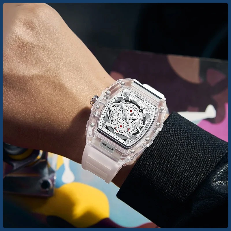 Reloj informal de moda para hombre, Esfera luminosa, función de calendario, correa de silicona duradera, caja transparente con forma de Tonneau, reloj de cuarzo