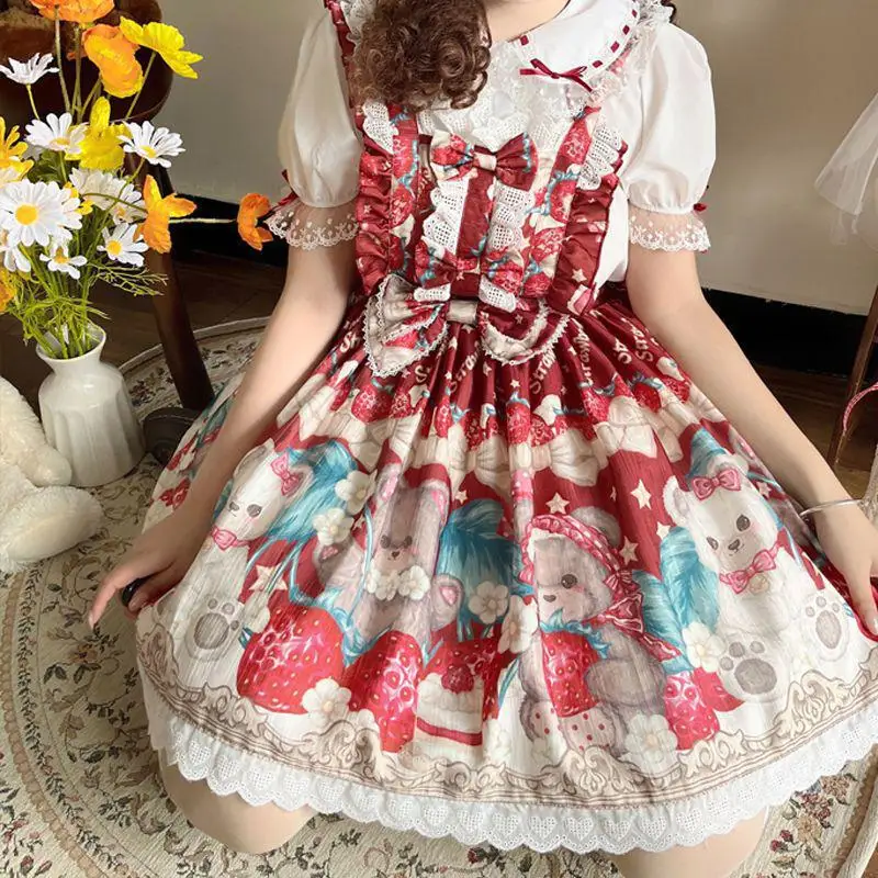 Harajuku Kawaii Lolita Cosplay miękka siostrzana sukienka śliczna królik truskawkowa bez rękawów Jsk marszczona kokardka księżniczka Tutu słodkie ubrania