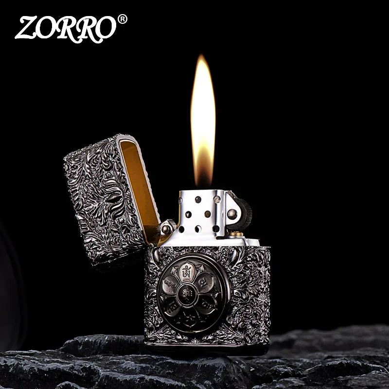 ZORRO Pure Copper Armor Embossed Lucky Flower Kerosene Lighter Six Word True Words Gyroscope Grinding Wheel Windproof Lighters