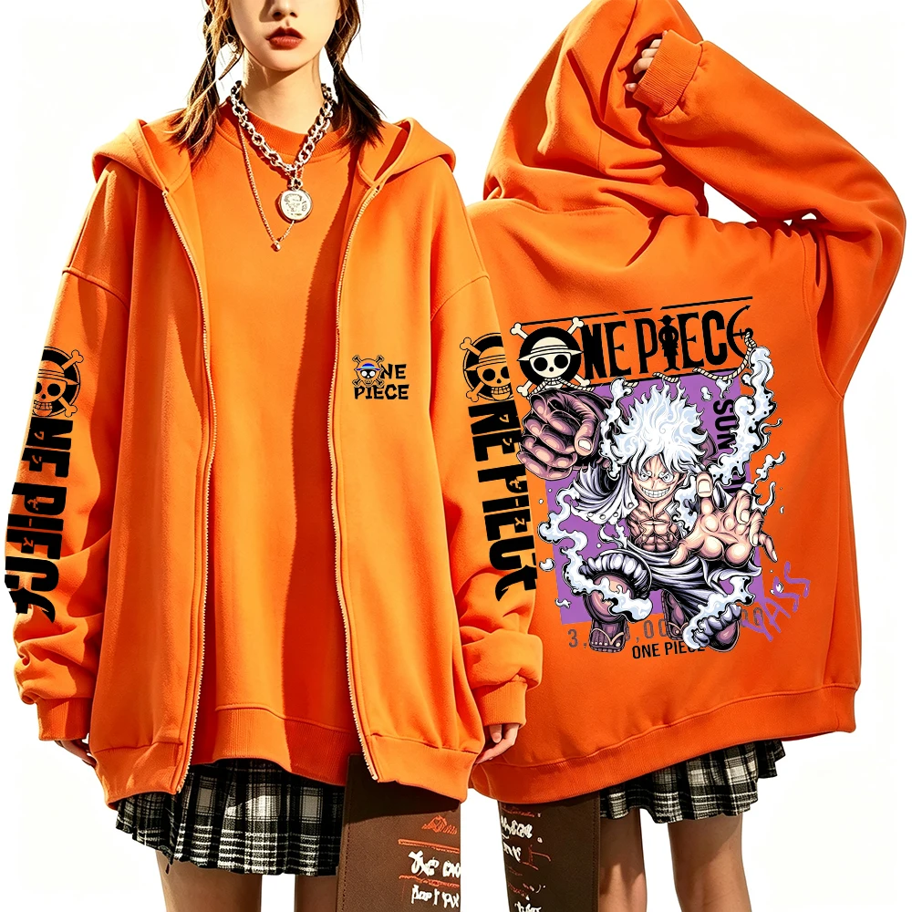 Moletom com capuz e zíper, unissex, manga comprida, com estampa gráfica, estilo casual de rua, inspirado no anime One Piece, personagem Luffy, Gear 5.