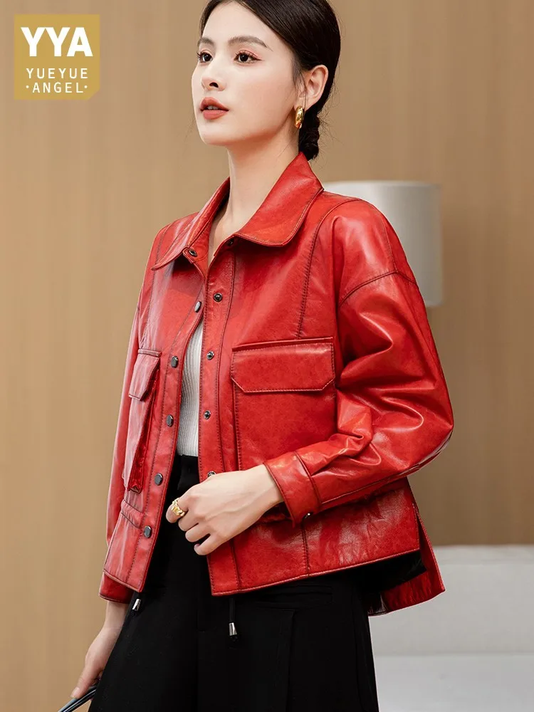 Giacca corta da donna in vera pelle di alta qualità monopetto vino rosso giacche di pelle di pecora colletto couverture cappotto casual vestibilità ampia
