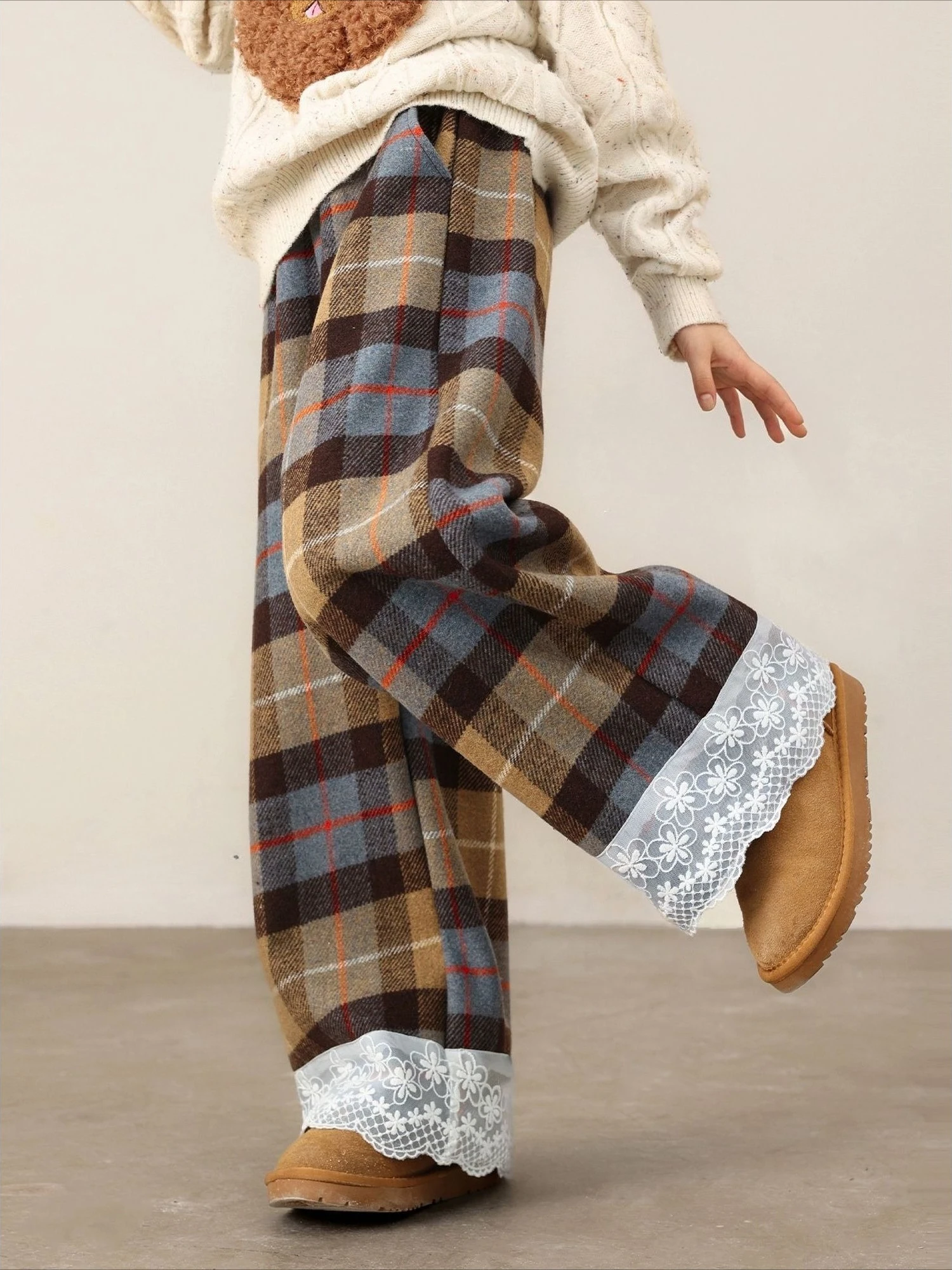 Autumn Winter Plaid Fleece-lined Wide-leg Pants with Lace Trim - Warm Trousers Teens Girls Students Leisure Elastic Waist 2025