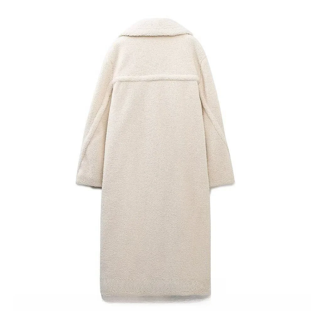 Women's Elegant Thickened Long Sleeve Fleece Lined Loose Coat Autumn Winter New Style Double Breasted Long Coat Outerwear