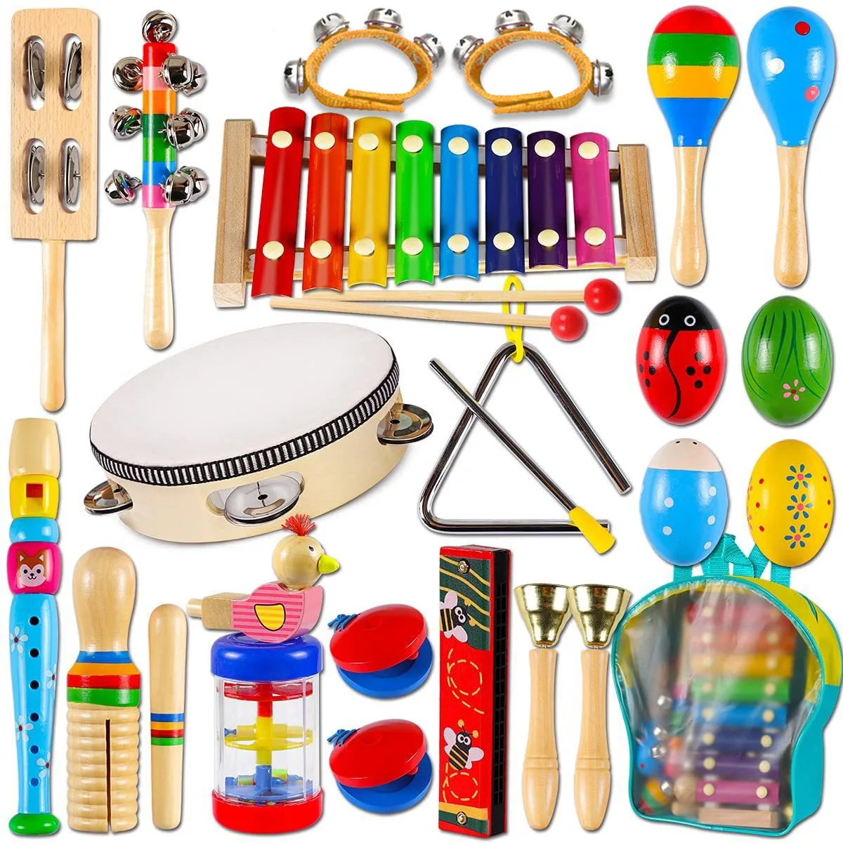 Toddler Musical Instruments Wooden Percussion Instruments Toy with Storage Bag for Kids Baby Preschool Educational Musical Set