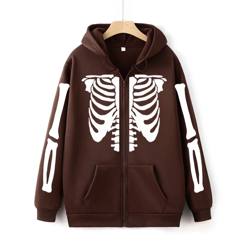 Vintage Skeleton Print Zipper Sweatshirt Y2K Gothic Bone Graphic Unisex Zip Up Hoodie Autumn Streetwear Harajuku Women Zip Hoody