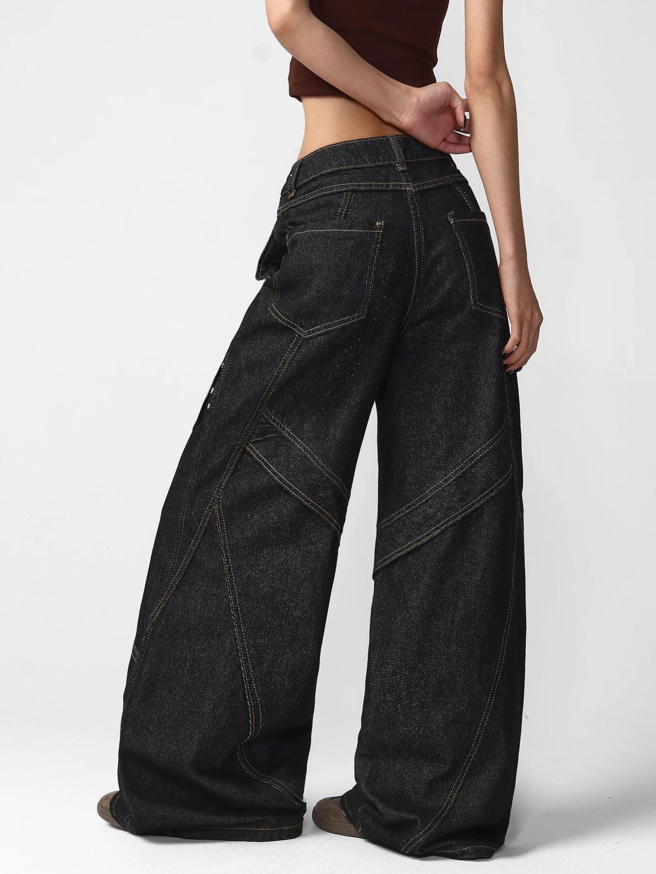 American Street Style Front Button Design Metal Nail Decoration Deconstructed Splicing Loose Wide Leg Black Jeans Female Model