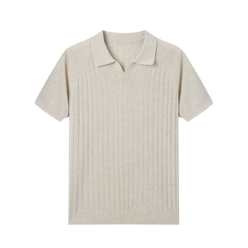 

Мужская высококачественная летняя мягкая, влагопоглощающая, не скатывающаяся льняная трикотажная футболка с коротким рукавом и отложным воротником (14-й класс вязки)