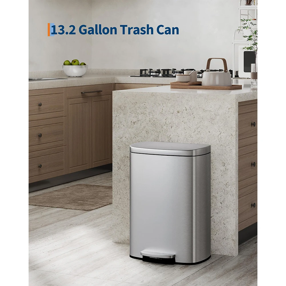 

13gal/50L Metal Kitchen Trash Can with Lid,Large Rustproof Garbage Can for Kitchen,Step-on Trash Bin with Inner Bucket, Rear Han