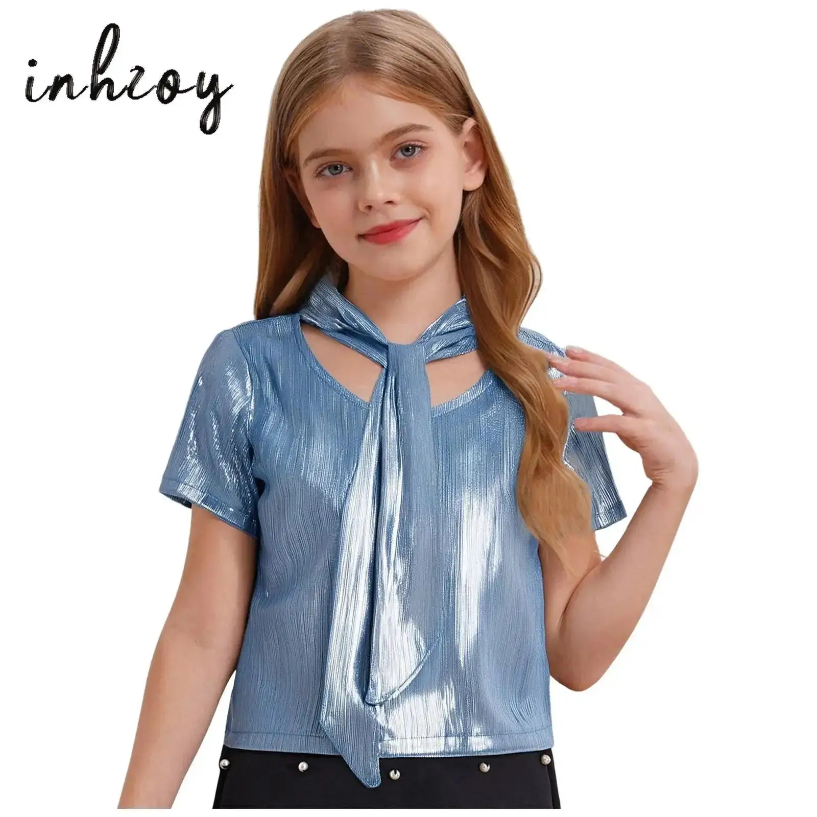 

Kids Girls Hip-Hop Jazz Dance Top Shiny Metallic Ribbed Crop Top Lace-up Round Neck Short Sleeve T-shirt for Stage Performance