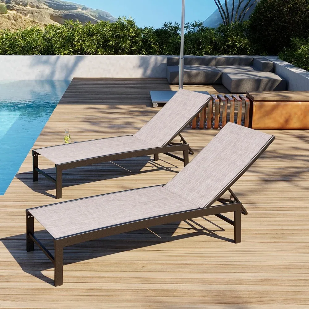 

Set of 2 Outdoor Recliner Sun Loungers, All Weather Chaise with 5 Adjustable Backrest and Lay Flat Positions for Garden...