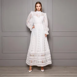 Solid Hollow Out Elegant Dress For Women Stand Collar Long Sleeve High Waist Temperament Dresses Female Fashion New