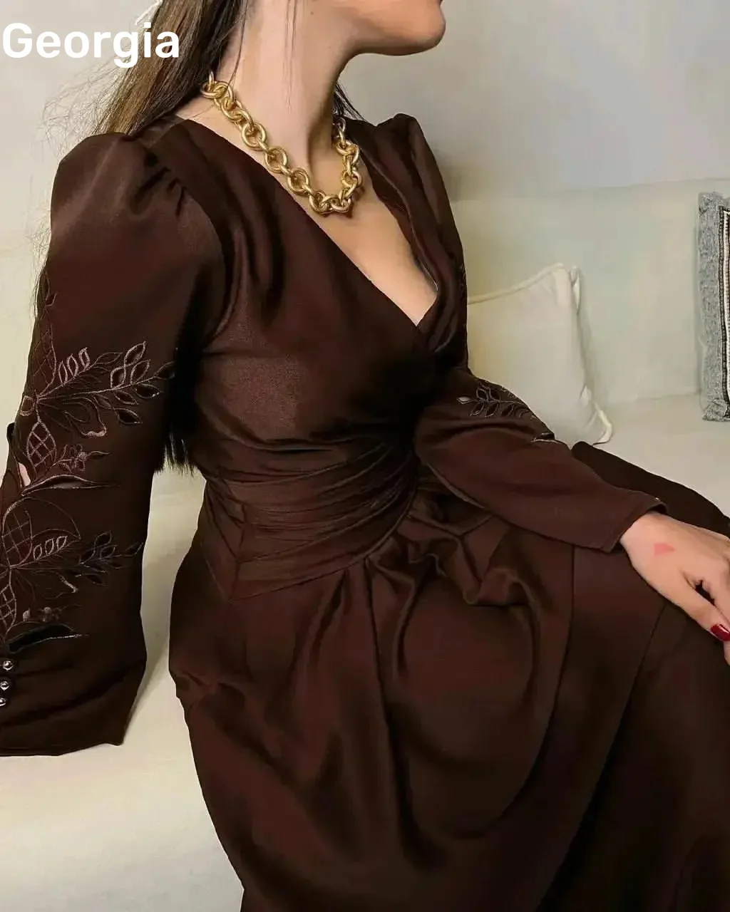 فسات kapaفhtt2025 Personalizado Escote en V Una línea Hasta el suelo Vestidos para ocasiones formales Listones Cremallera Hasta Mangas largas Forro Prom