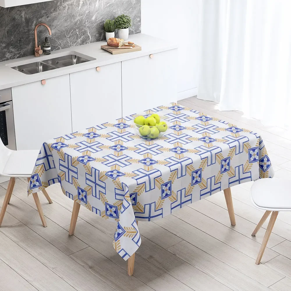 Portuguese Tiles Pattern Tablecloth Waterproof Dining Table Wedding Party Rectangular Tablecloth Holiday Kitchen Decor