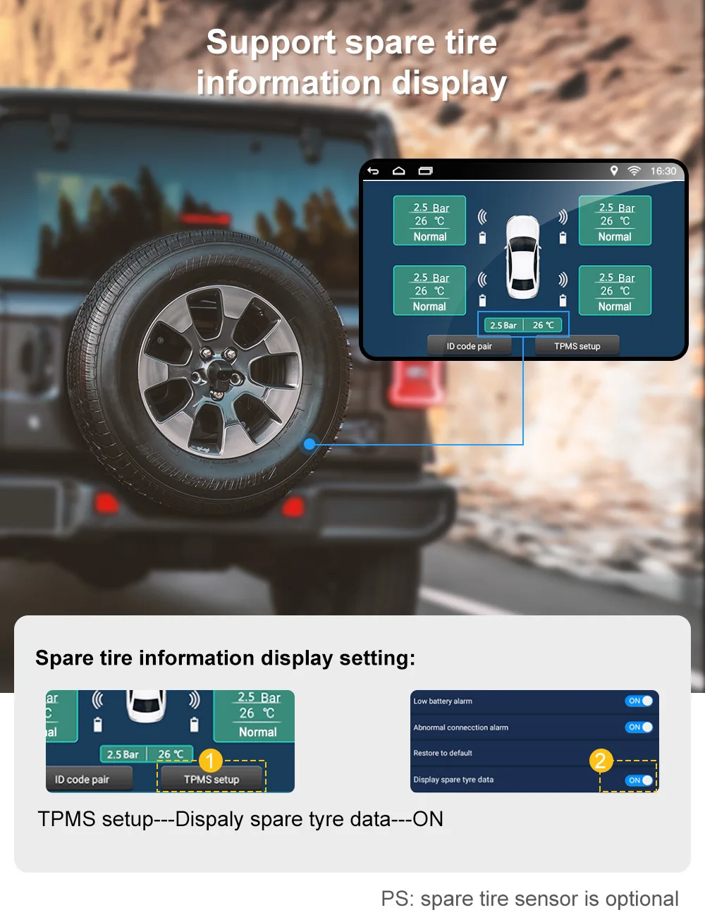 USB Android TPMS Tire Pressure Monitoring System Display Alarm System 5V Car 4 External Sensors 8Bar 116psi for universal cars