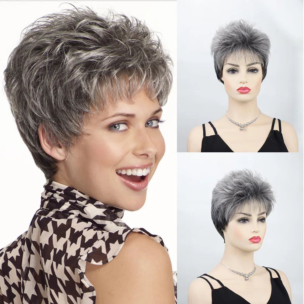 Peluca corta sintética para mujer, pelo esponjoso gris Natural, pelo suave para mamá, uso diario, pelo liso texturizado para fiesta, disfraz de Cosplay