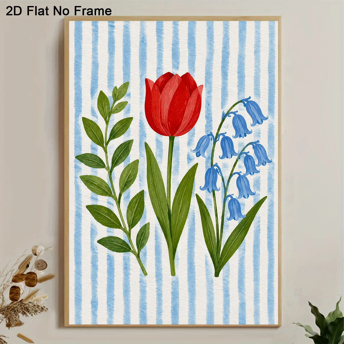 2027,2D Flat, Modern Minimalist Vertical Frameless Canvas Poster - Red Tulip Green Leaves Blue Bellflowers Floral Wall Art Pa