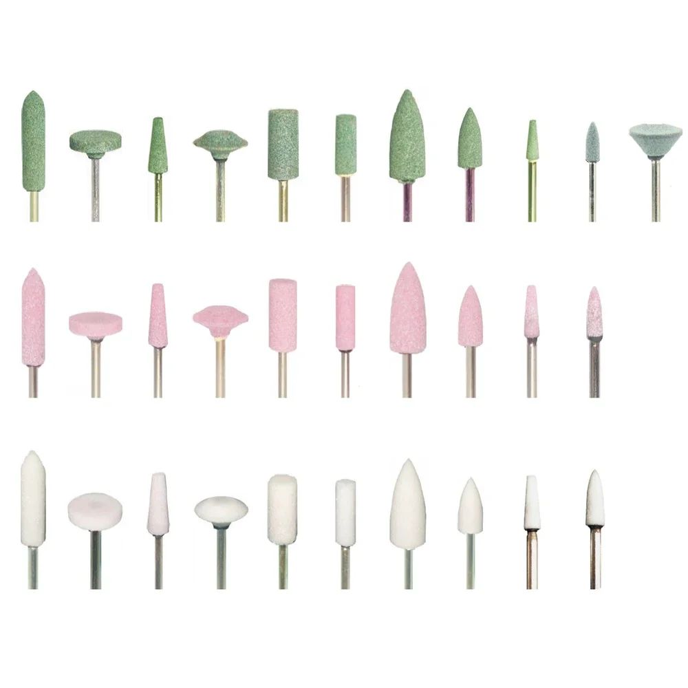 

10Pcs Dental Mounted Stones Grinders Gravel Bur 2.35mm Green Pink ​White Stone For Contouring And Shaping Porcelain Metal Shaft