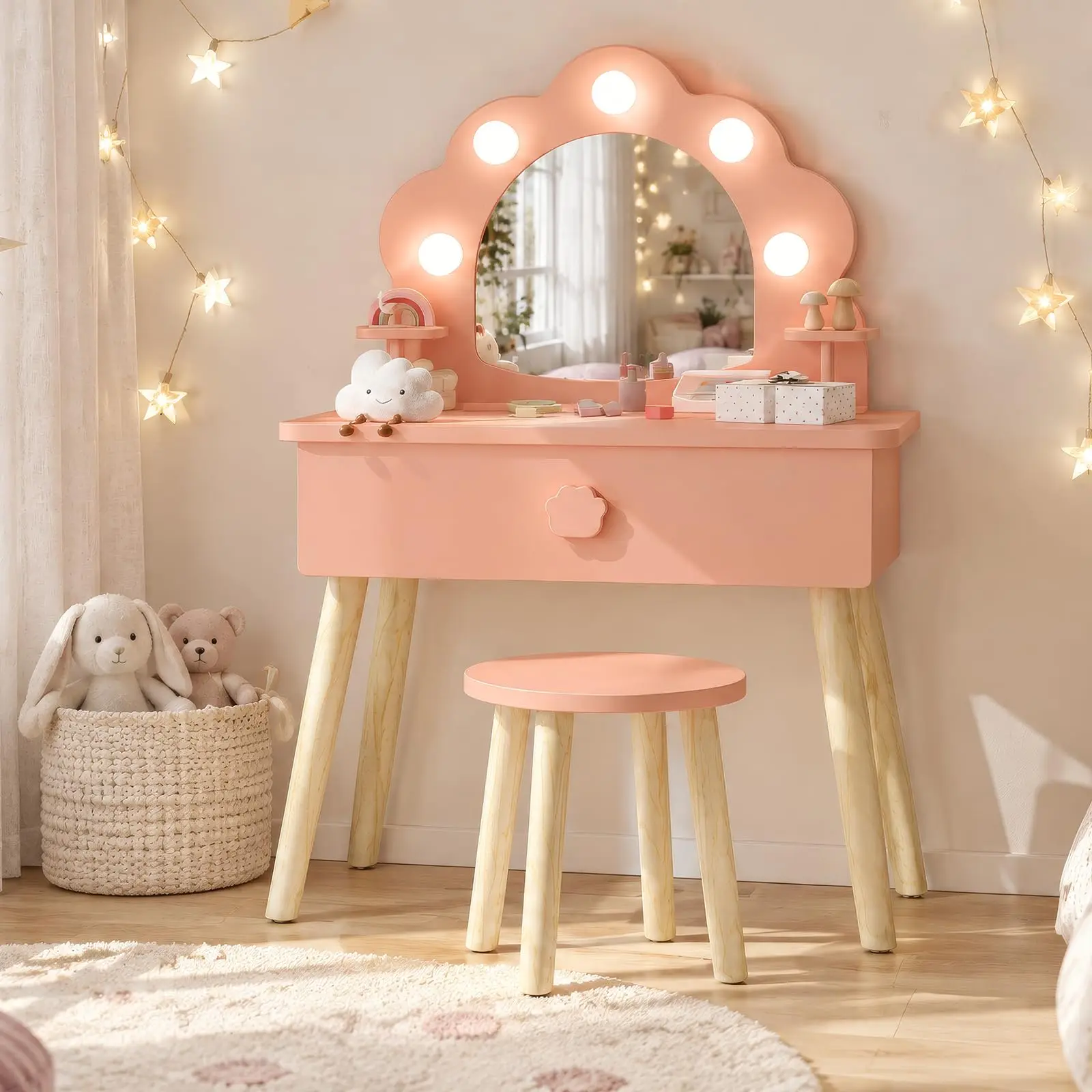 Kids Vanity Desk with Mirror & Stool Set, LED Lighted Mirror Makeup Table, Pretend Play Dressing Table for Girls Bedroom Playroom