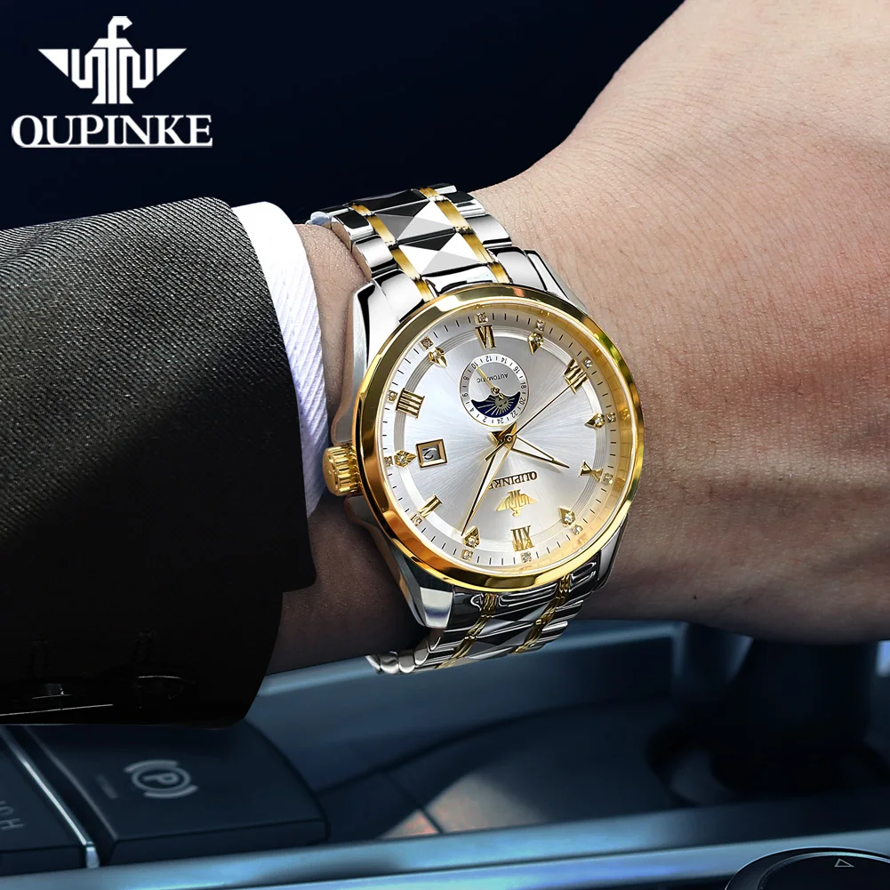 ساعات رجالية OUPINKE كاجوال عصرية من الفولاذ الناعم الأصلي ساعة يد ميكانيكية أوتوماتيكية مقاومة للماء مضيئة تاريخ القمر المرحلة الجديدة