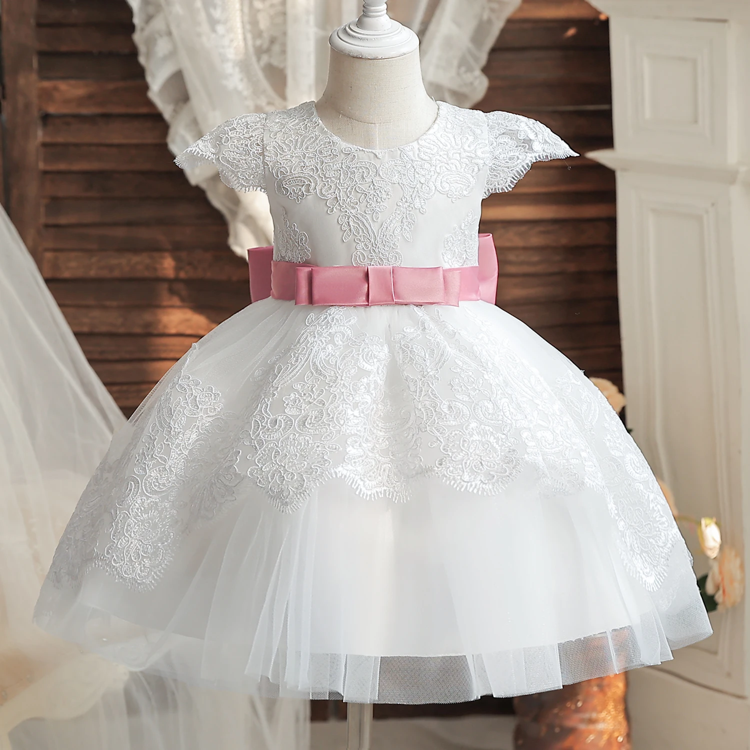 Baby Girl White Baptism Dress Infant 1st Birthday Pink Bow Tutu Gown Flower Girl Dress for Wedding Ceremony Summer Party Costume