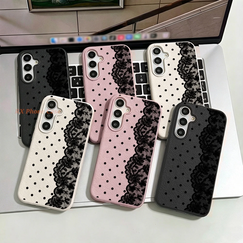 Black Polka-dot Lace 2D Pattern Phone Case For Samsung S26 Ultra S25 Ultra S26 S24 S23 A56 A36 A35 A57 A37 Leather Texture Funda