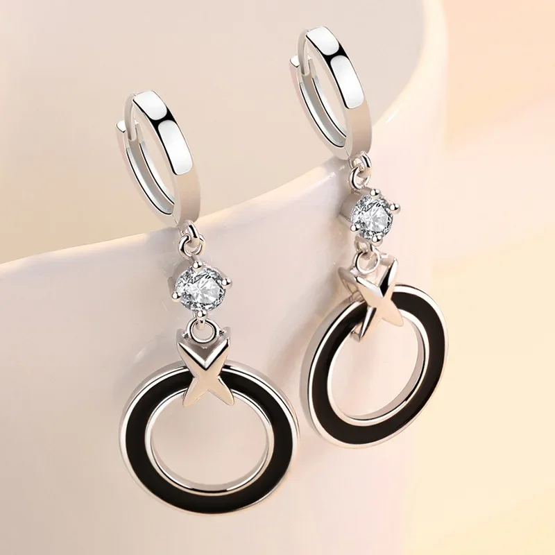 ALIZERO Trendy Black Circle X Orecchini a cerchio per le donne Gioielli in argento sterling 925 Zircone lucido Orecchino lungo Accessori per feste
