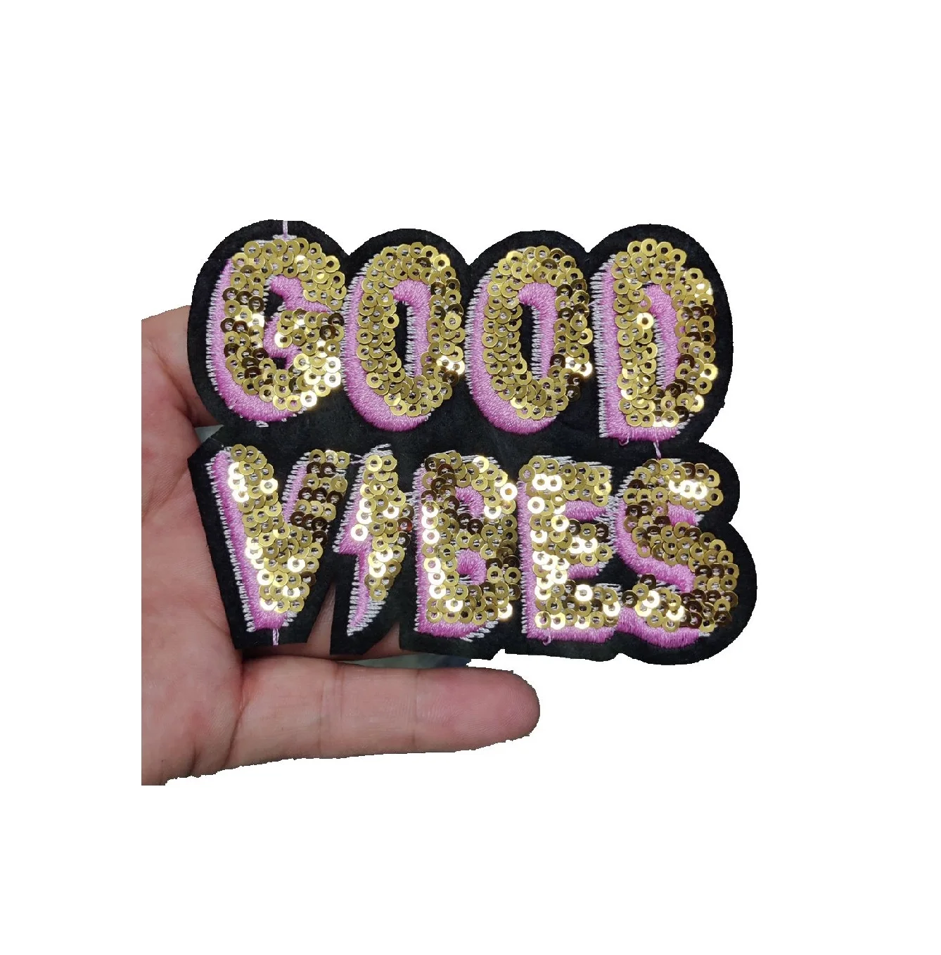 GOLD SEQUINED GOOD VIBES Clothes PATCHES Applique BADGES For Jackets DIY Badge Sewing Accessory 3D LETTER GOODVIBES