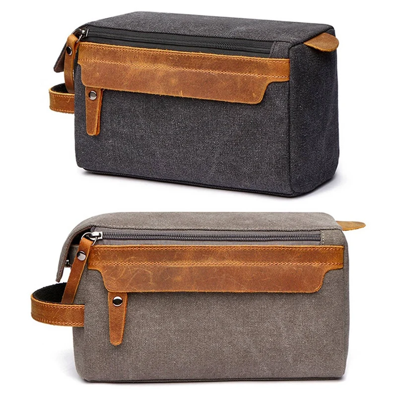 NEW-2 Pcs Men Canvas Shaving Kits Cosmetic Organizer Women Toiletry Bag With Double Compartments Beauty Case Black + Gray