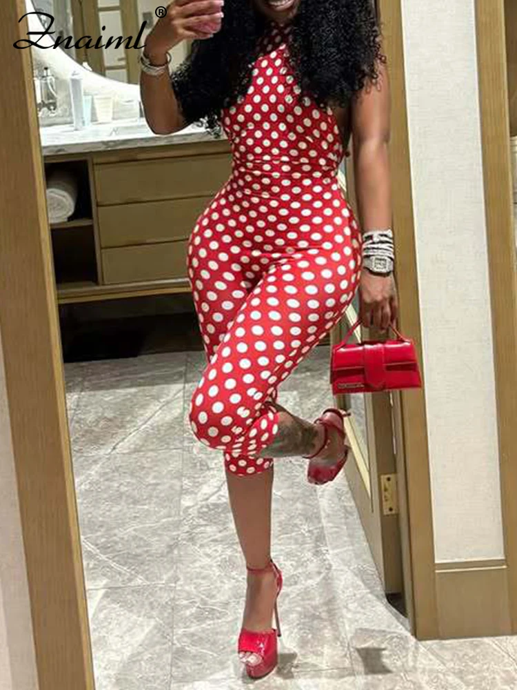 

Летний комбинезон Znaiml с вырезом халтер, без рукавов, с открытой спиной, облегающий, эластичный, с принтом в горошек, укороченный, для женщин, для отпуска